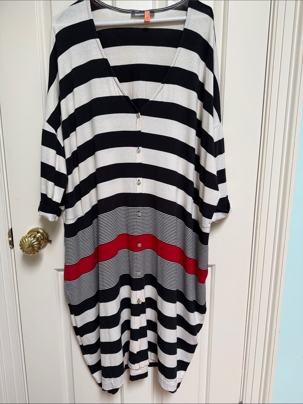 Alembika sz S very oversize v neck button front striped dress tunic red blues